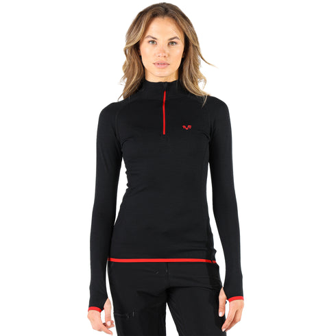 Schwarzes Langarmshirt aus 100% Merinowolle mit rotem Reißverschluss