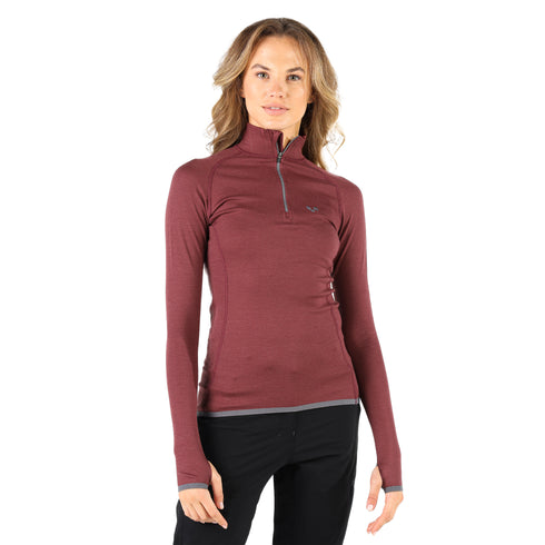 Dunkelrotes Merino Langarmshirt mit grauen Reißverschluss