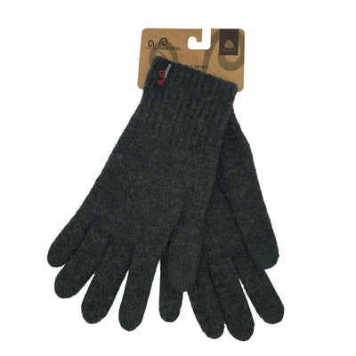 Winterhandschuhe aus 100% Merinowolle in der Farbe Anthrazit mit rot-weißem Logo.