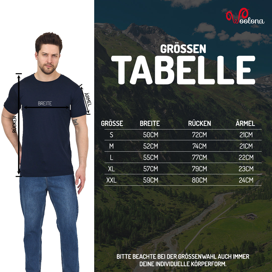 Größentabelle für Herren T-Shirt aus 100% Merinowolle im Pique Strick.