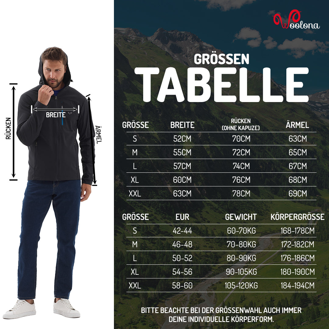 Größentabelle einer Merinojacke von Woolona