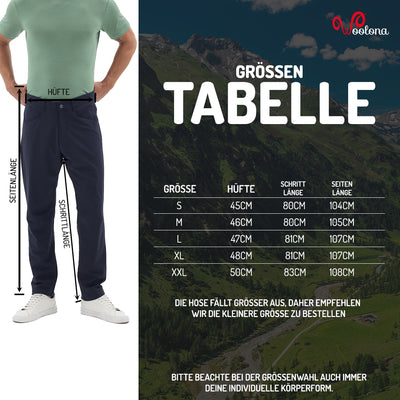 Größentabelle mit Illustration an der linken Seite für eine Reisehose aus Merinowolle