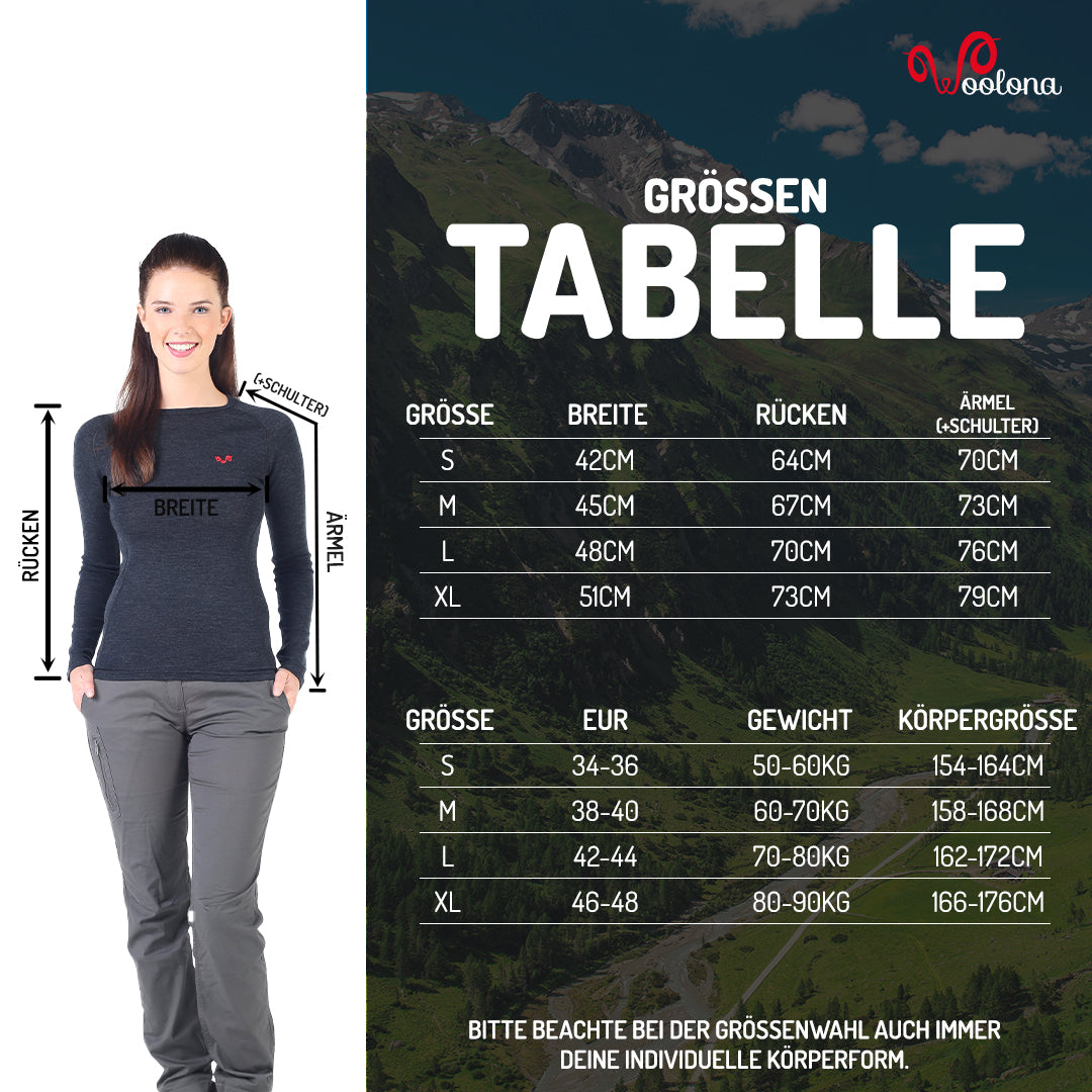 Größentabelle für Merino-Baselayer Damen