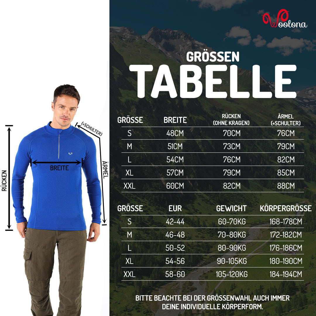Größentabelle für Herren Merino-Oberteil mit 1/4 Zip