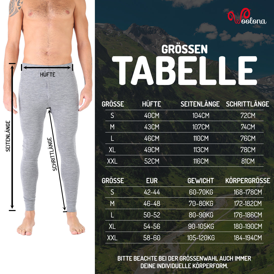 Größentabelle für lange Merino-Unterhose für Herren