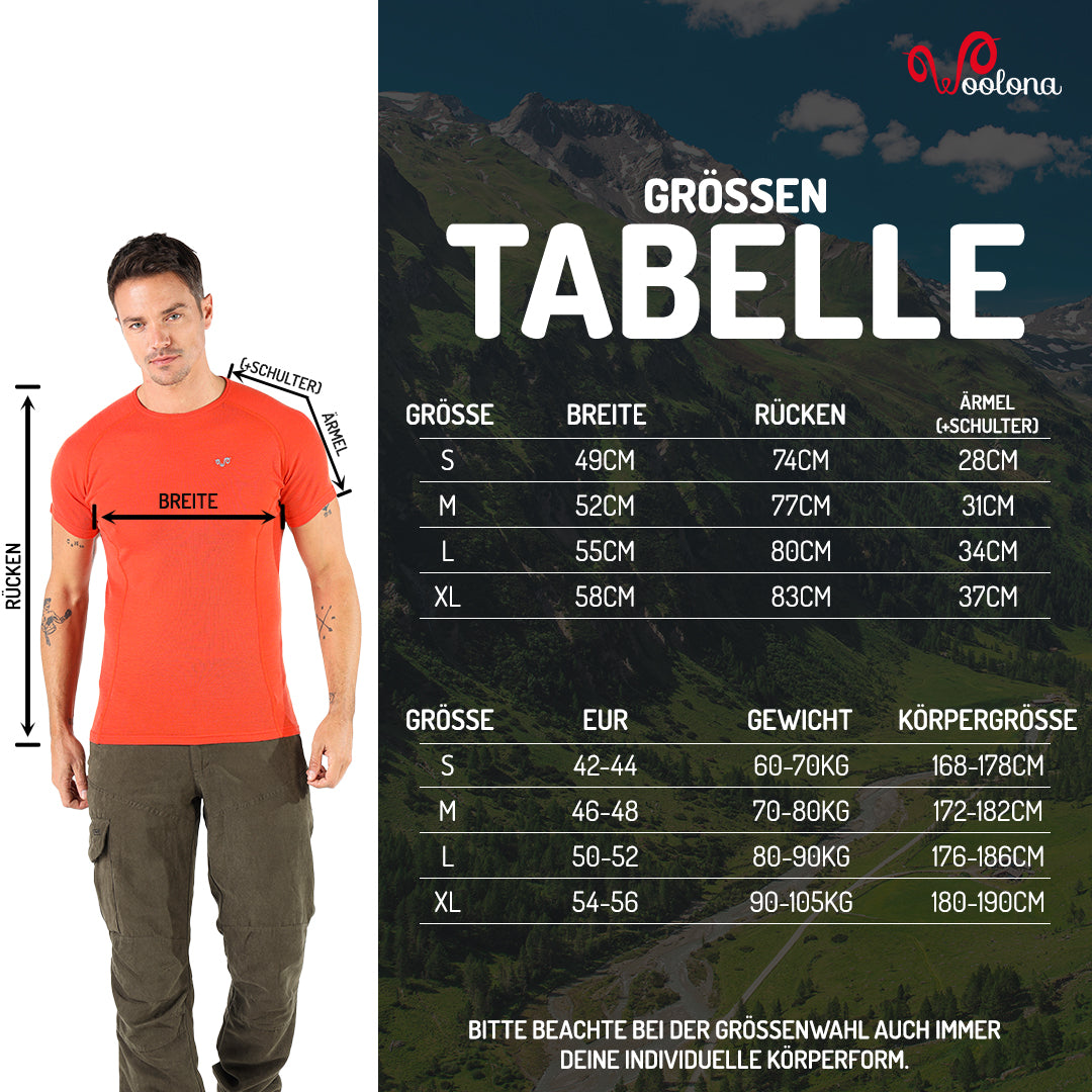 Größentabelle für Herren Merino-T-Shirt