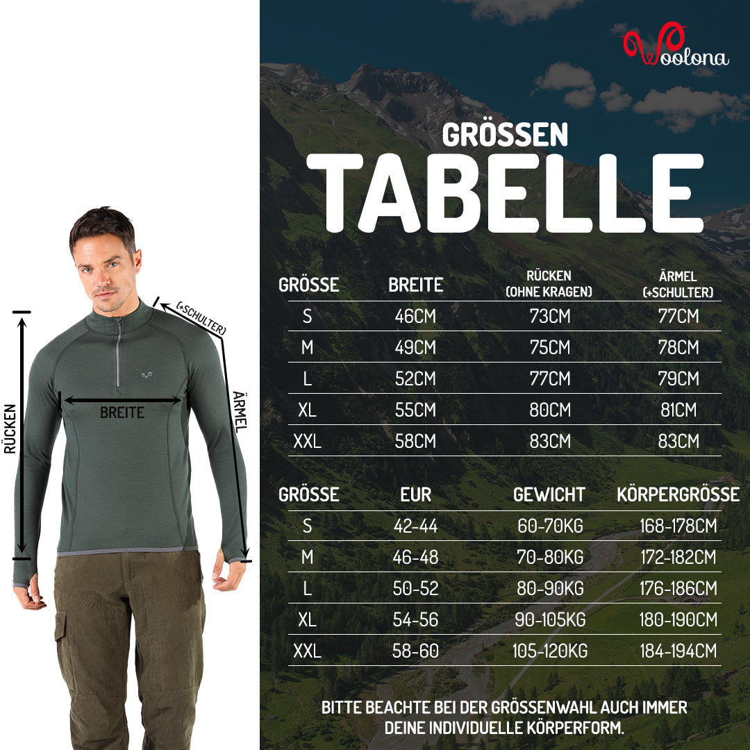 Größentabelle Für Herren Langarmshirt mit Daumenschlaufen aus 100% Merinowolle