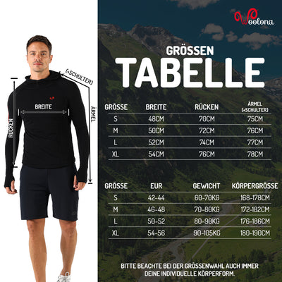 Größentabelle für Merino Seamless Sport Hoodie für Herren