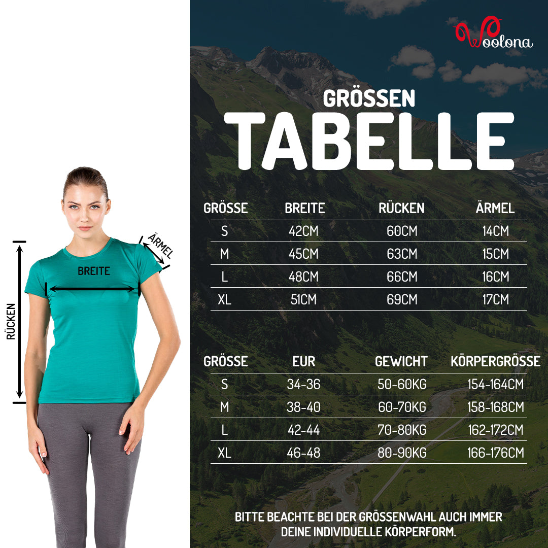 Größentabelle für Damen Rundhals T-Shirt aus 100% Merinowolle