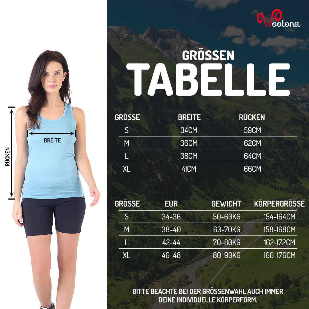 Größentabelle Merino Tanktop für Damen aus 100% Merinowolle