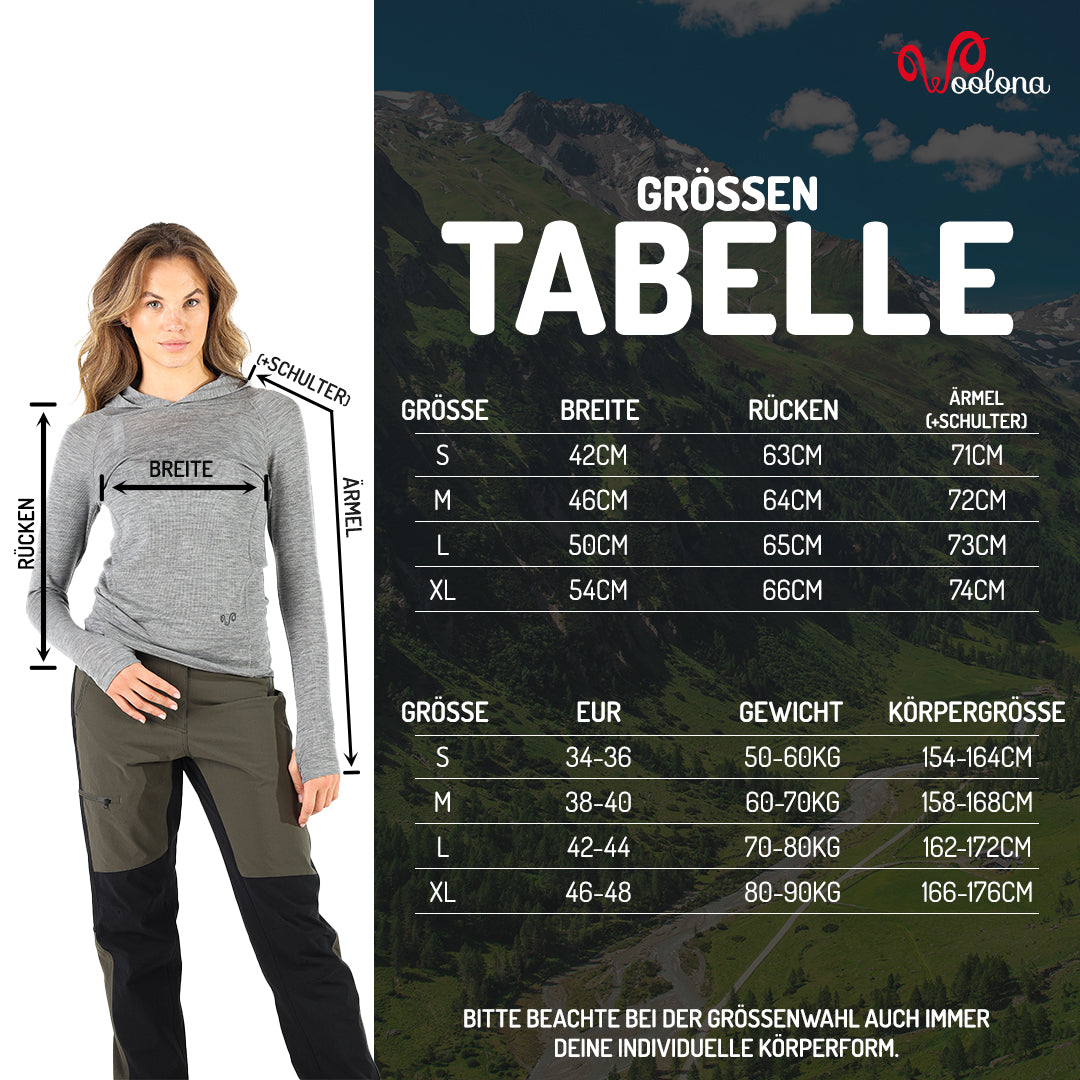 Größentabelle für Damen Hoodie aus Merinowolle 