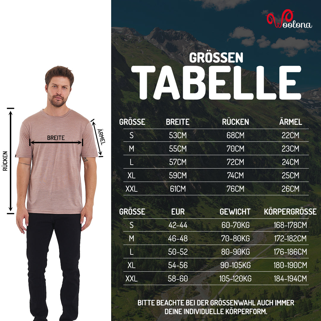 Größentabelle für Merino und Lyocell T-Shirt