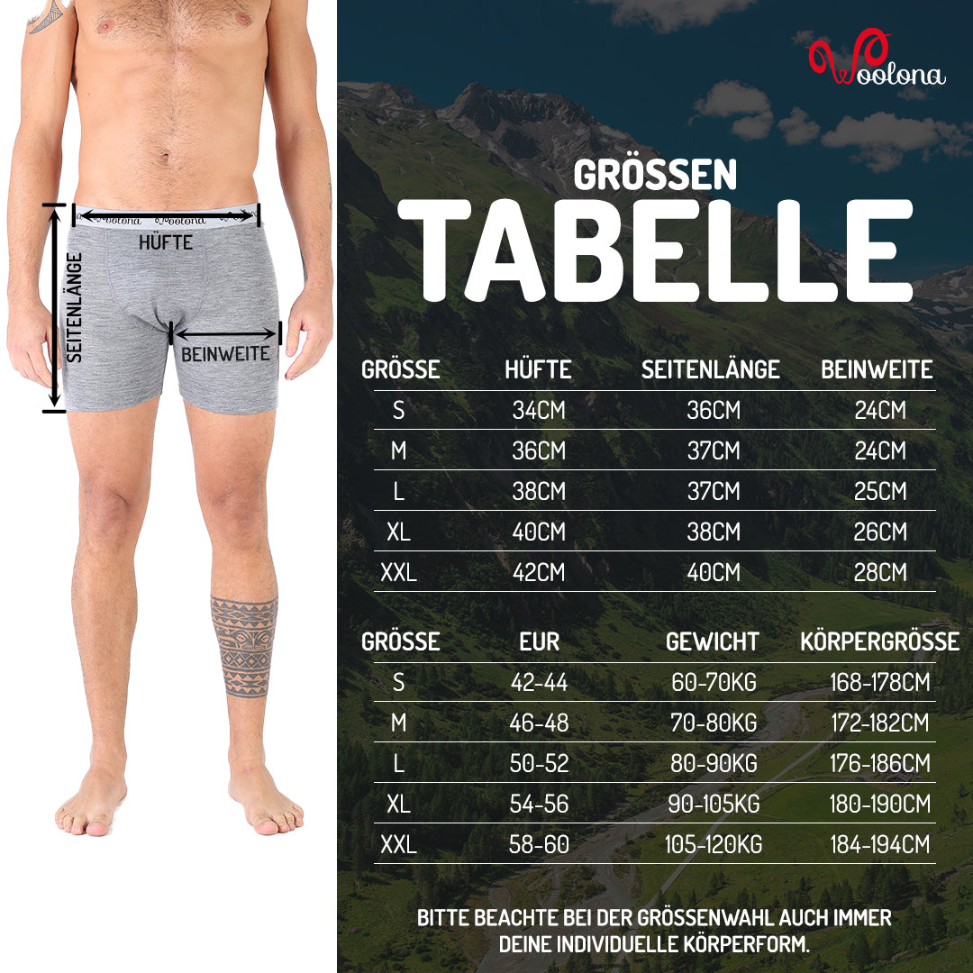 Größentabelle für Herren Boxershorts aus 100% Merinowolle
