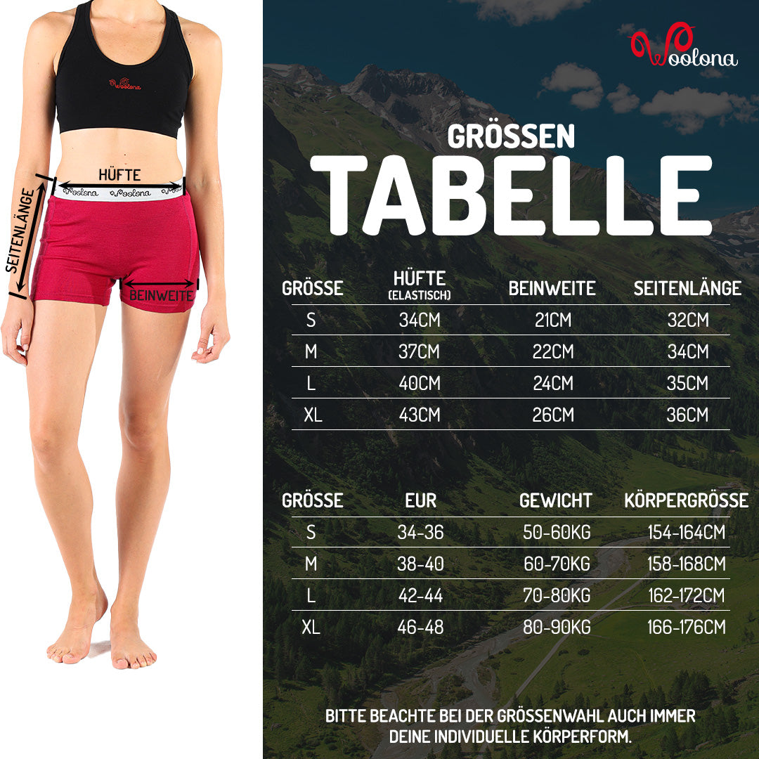 Größentabelle für Damen Boxershorts aus 100% Merinowolle
