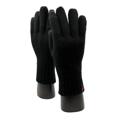Zwei Hände mit Handschuhen aus Merino in Schwarz mit Woolona Logo