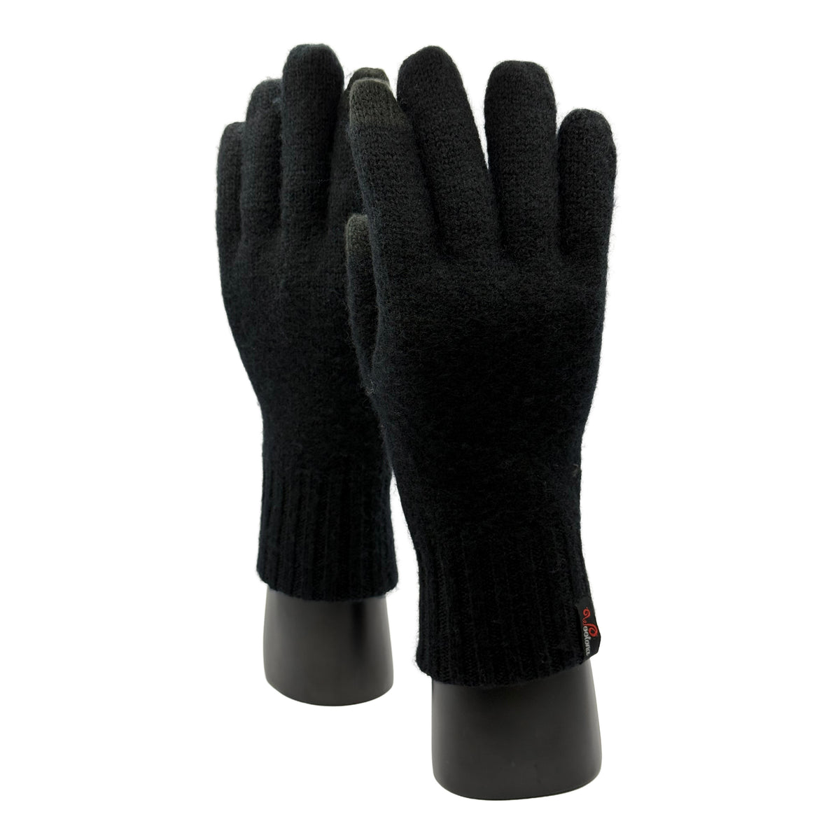 Zwei Hände mit Handschuhen aus Merino in Schwarz mit Woolona Logo