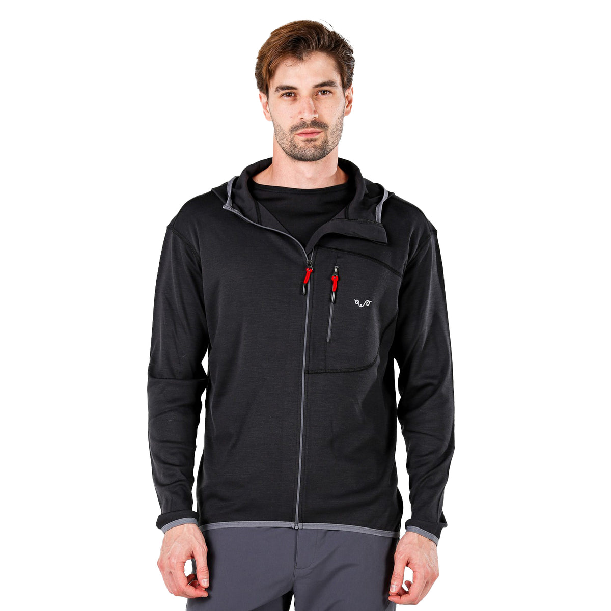 Schwarzer Merino Hoodie mit grauen Akzenten und Zip