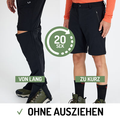 Mann mit einer ZipOff Trekkinghose aus Merino in lang und kurz, zeigt beide Optionen. Hosenfarbe ist schwarz.