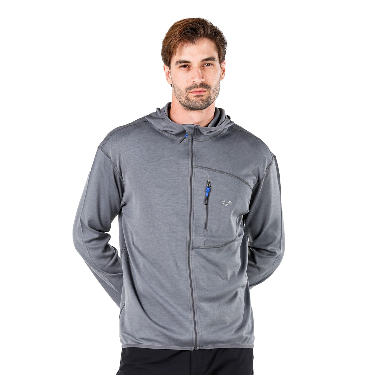 Grauer Kapuzen Hoodie mit Zip komplett aus Merinowolle