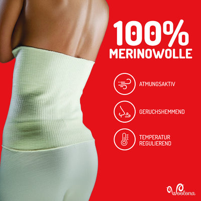 Die Dame trägt einen Nierenwärmer aus 100% Merinowolle. Es werden die Eigenschaften aufgelistet.