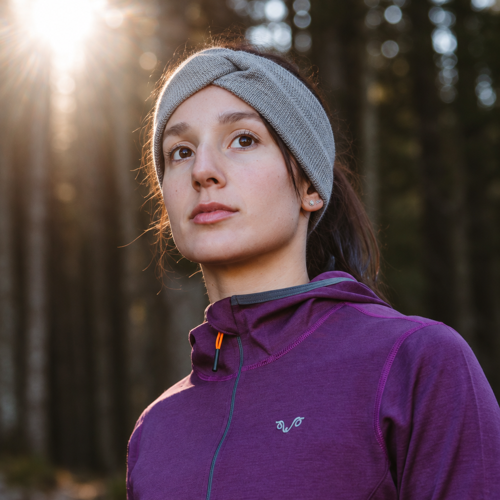 Nahaufnahme eines grauen Merino-Stirnbands von Woolona mit gedrehtem Frontdetail an einer Frau im Freien.