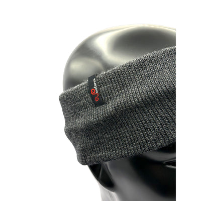 Ein Puppenkopf aus der nähe das ein Stirnband aus Merino in Anthrazit trägt mit dem Woolona Logo