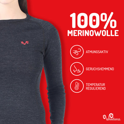 100% Merinowolle Langarmshirt ist atmungsaktiv, geruchshemmend und reguliert die Temperatur