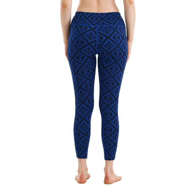 Damen Leggings aus 100% Merinowolle in Blau mit Muster.