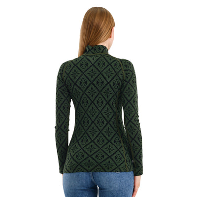 Damen Merino Langarm in Grün mit Viertel Reißverschluss am Kragen.