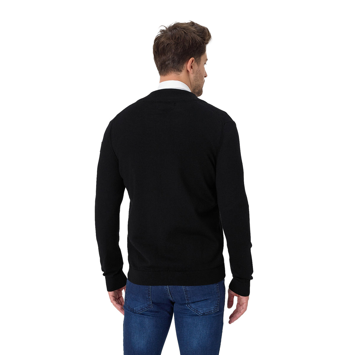 Rückseite einer Strickjacke für Herren aus 100% Merinowolle