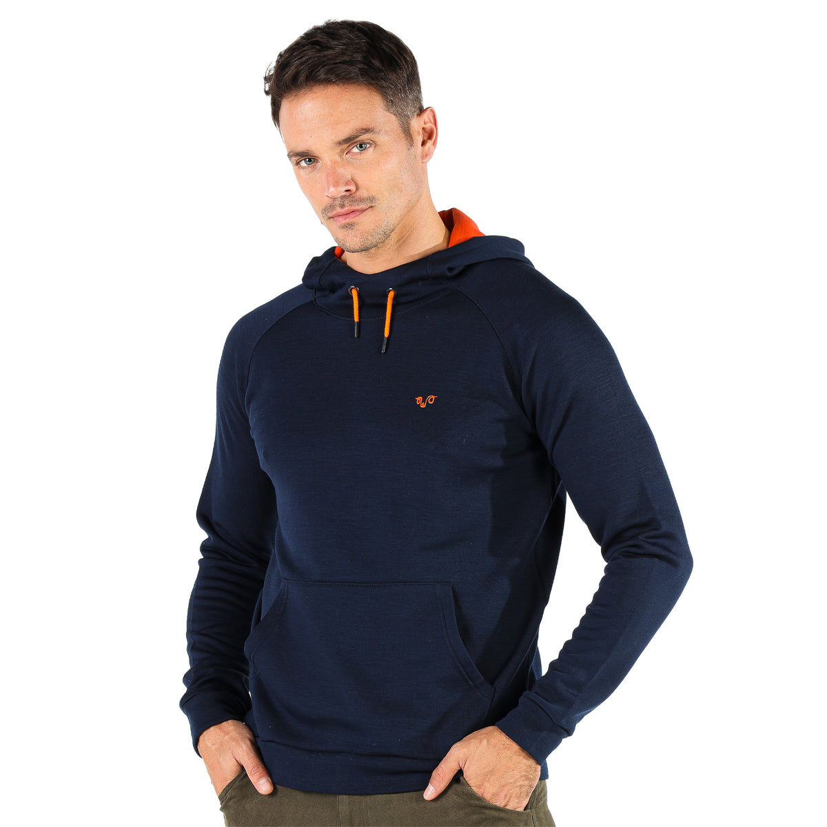 mann merinowolle kapuzenpullover navy blau von vorne