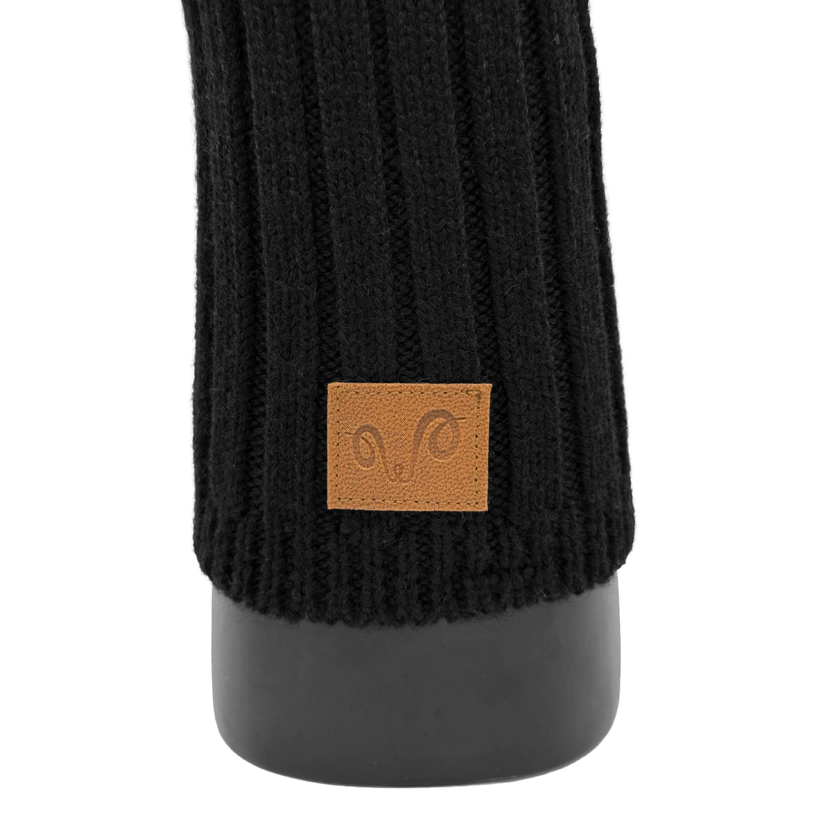 Handwärmer aus Merinowolle in schwarz mit einem braunen Woolona Logo