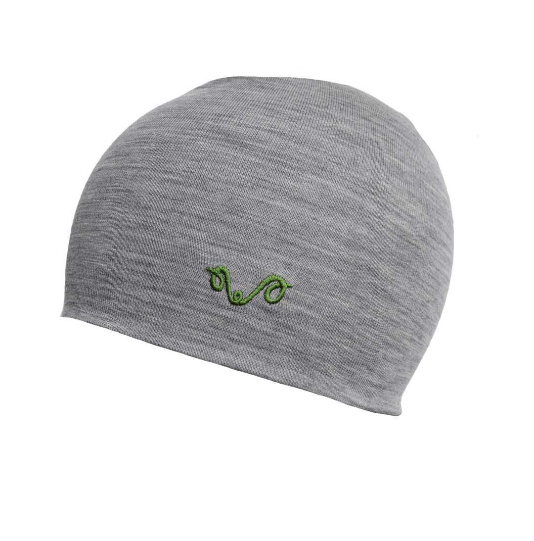 Graue Merinomütze mit grünen Logo